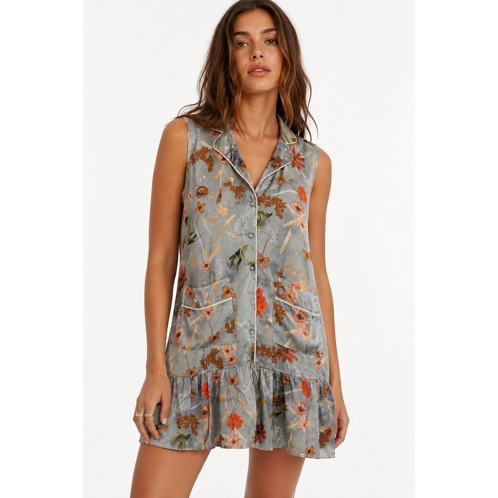 POL Floral Sleeveless Button Down Tunic Dress Grey Orange Ruffle Hem M/L